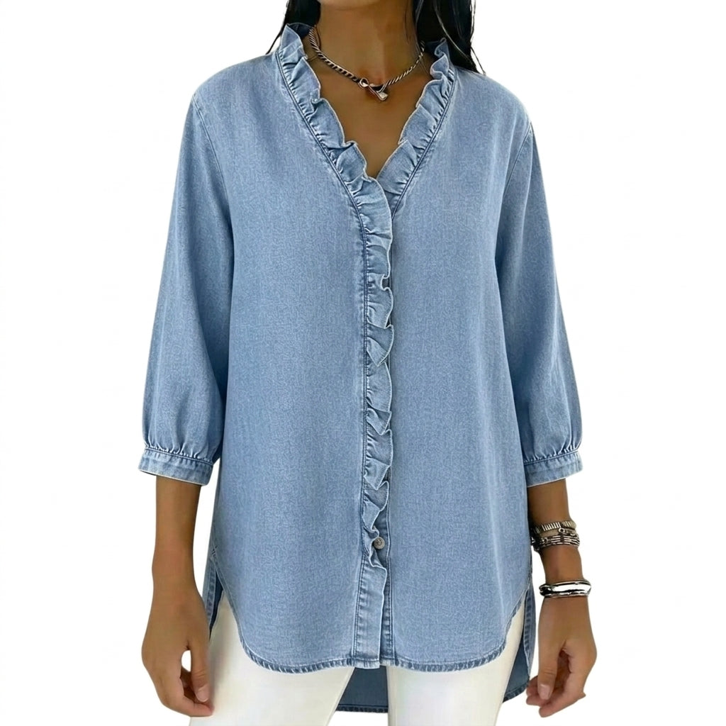 Damska bluzka z dekoltem w serek, falbanami i rękawami 3/4-Blouses for Women-Olave