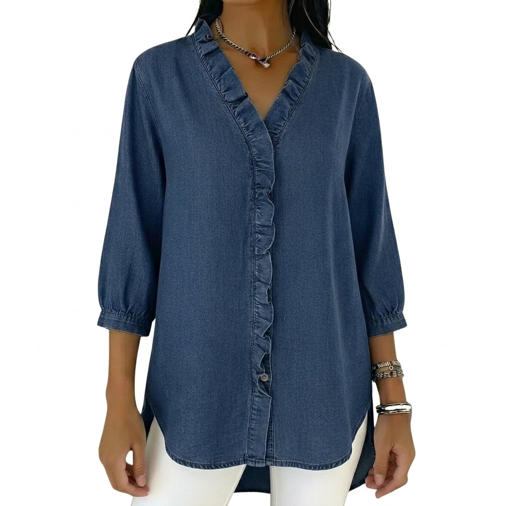 Damska bluzka z dekoltem w serek, falbanami i rękawami 3/4-Blouses for Women-Olave