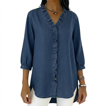 Damska bluzka z dekoltem w serek, falbanami i rękawami 3/4-Blouses for Women-Olave