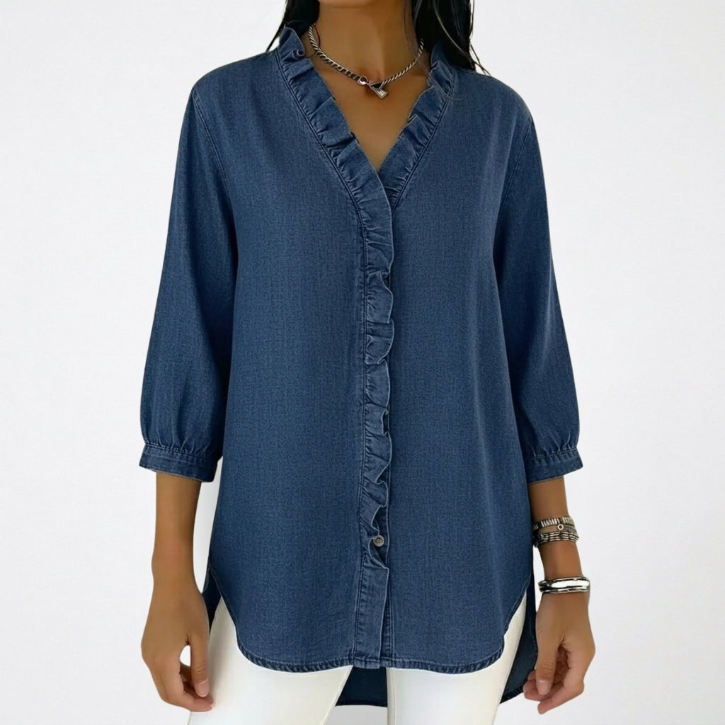 Damska bluzka z dekoltem w serek, falbanami i rękawami 3/4-Blouses for Women-Olave