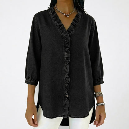 Damska bluzka z dekoltem w serek, falbanami i rękawami 3/4-Blouses for Women-Olave