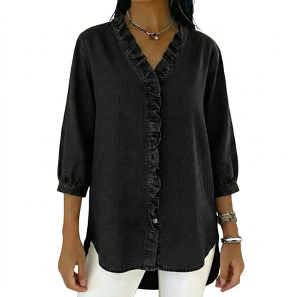 Damska bluzka z dekoltem w serek, falbanami i rękawami 3/4-Blouses for Women-Olave