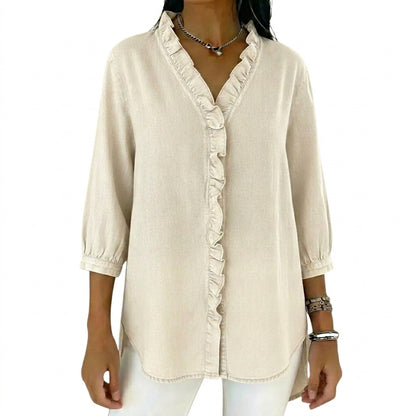 Damska bluzka z dekoltem w serek, falbanami i rękawami 3/4-Blouses for Women-Olave