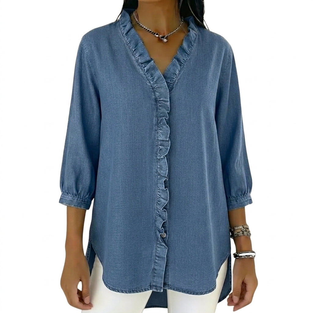 Damska bluzka z dekoltem w serek, falbanami i rękawami 3/4-Blouses for Women-Olave