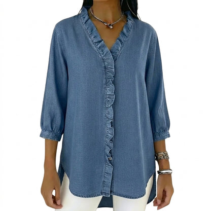 Damska bluzka z dekoltem w serek, falbanami i rękawami 3/4-Blouses for Women-Olave