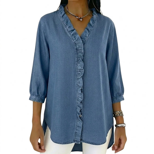 Damska bluzka z dekoltem w serek, falbanami i rękawami 3/4-Blouses for Women-Olave