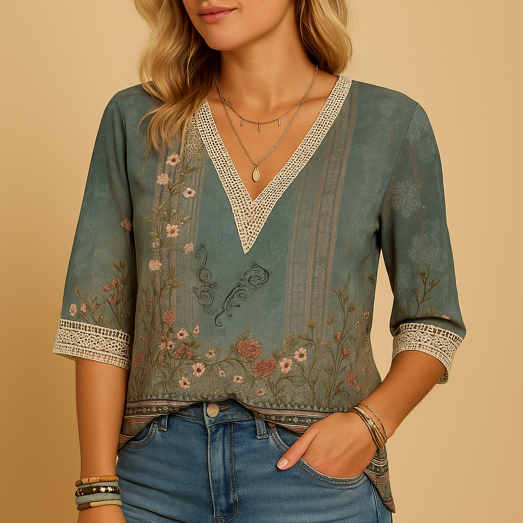 Damska bluzka z dekoltem w serek, szydełkowym wykończeniem i nadrukiem-Blouses for women-Olave