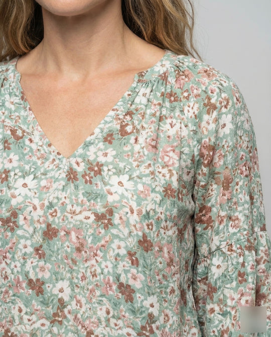 Damska Bluzka z dekoltem w serek z motywem kwiatowym i długimi rękawami-Blouses for Women-Olave