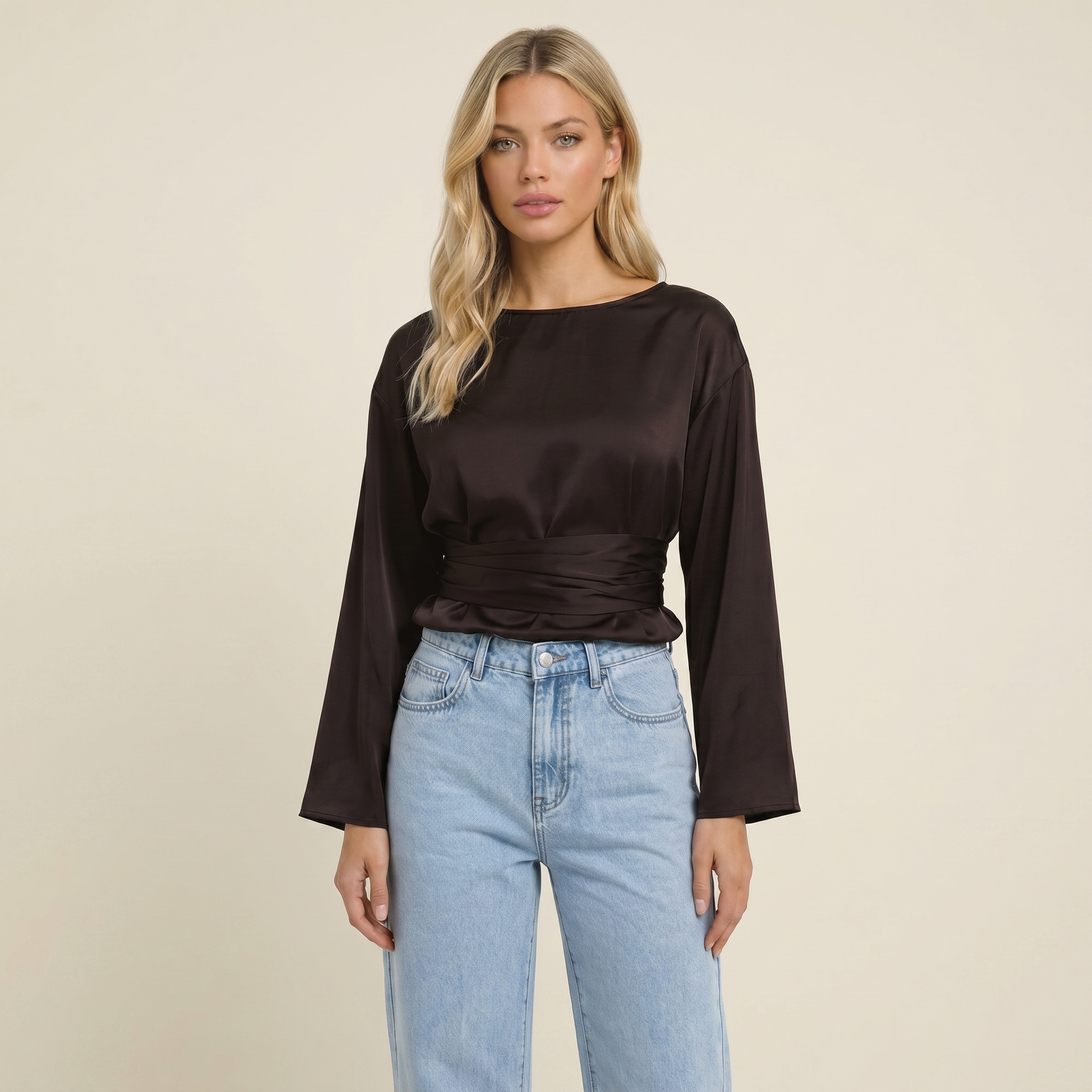 Damska bluzka z długim rękawem, dekoltem w łódkę i wiązaniem w talii-Blouse for women-Olave