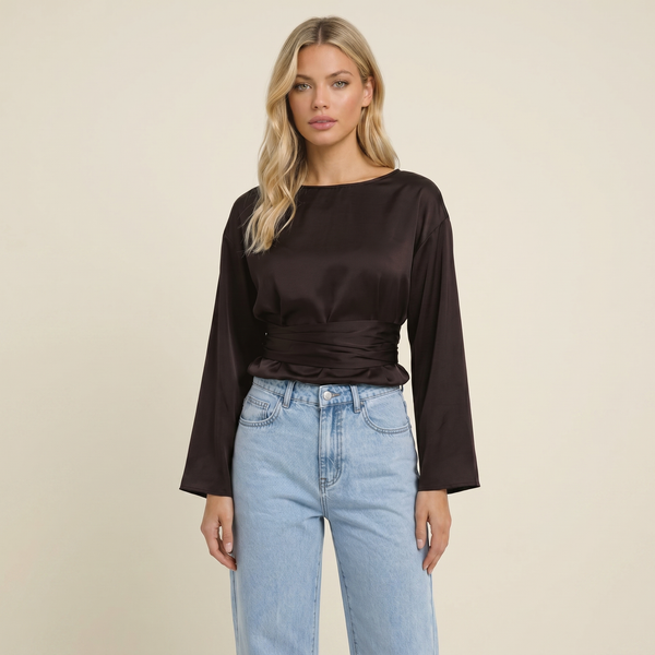 Damska bluzka z długim rękawem, dekoltem w łódkę i wiązaniem w talii-Blouse for women-Olave