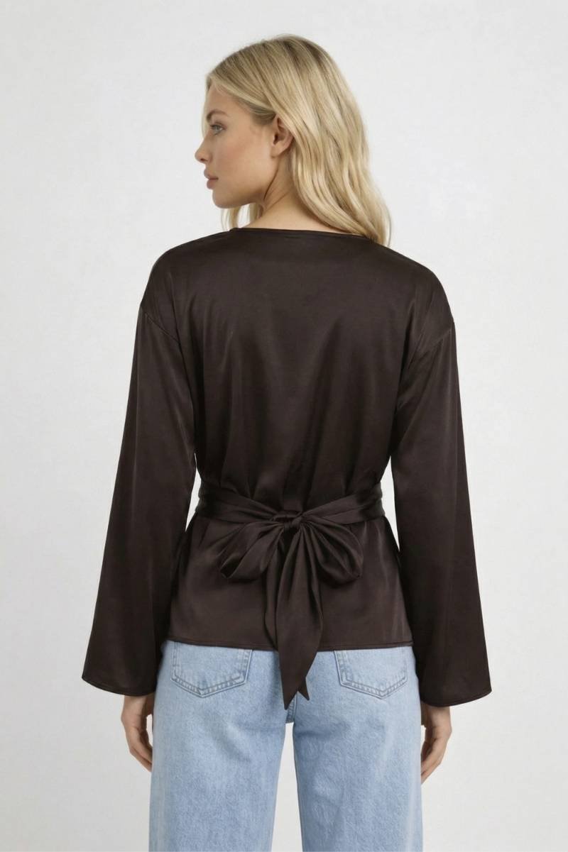 Damska bluzka z długim rękawem, dekoltem w łódkę i wiązaniem w talii-Blouse for women-Olave