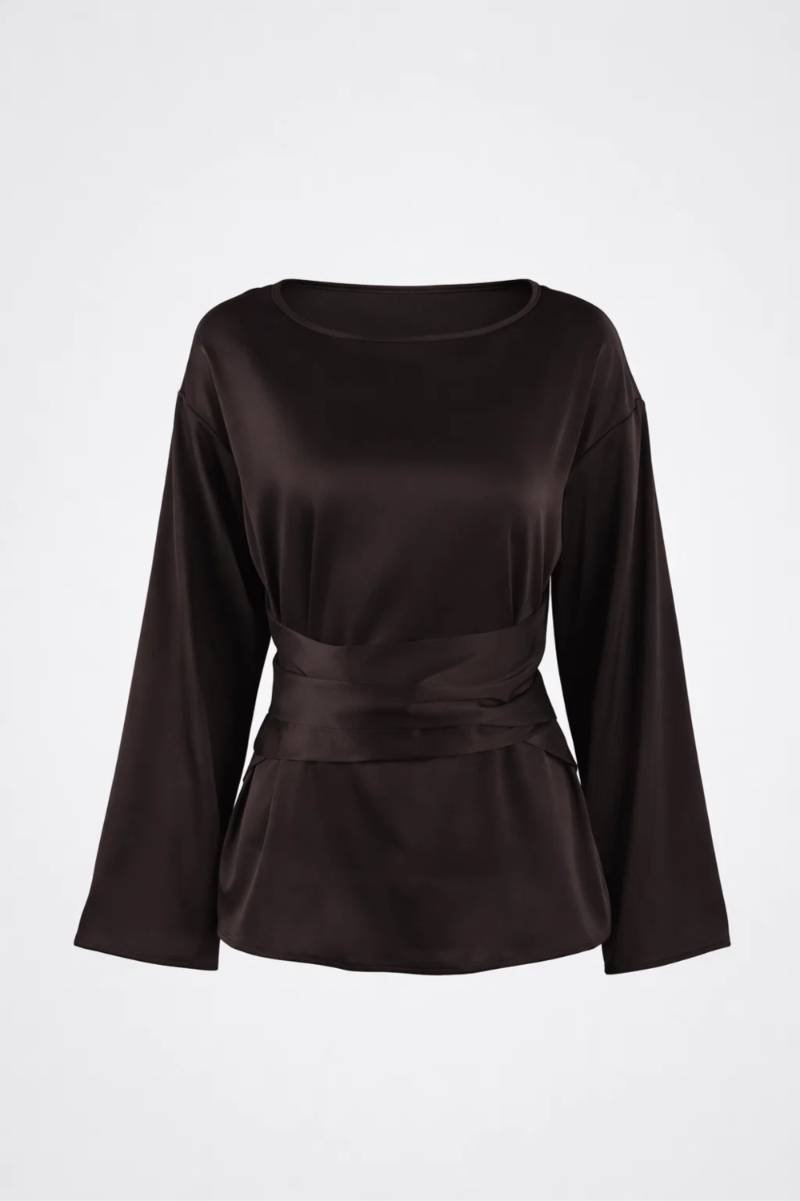 Damska bluzka z długim rękawem, dekoltem w łódkę i wiązaniem w talii-Blouse for women-Olave