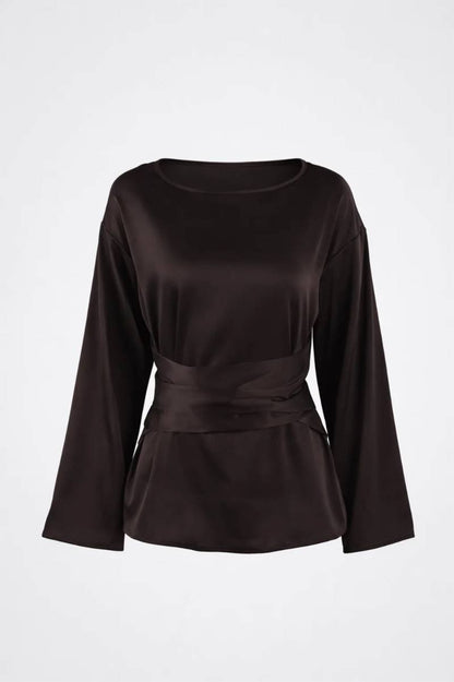 Damska bluzka z długim rękawem, dekoltem w łódkę i wiązaniem w talii-Blouse for women-Olave