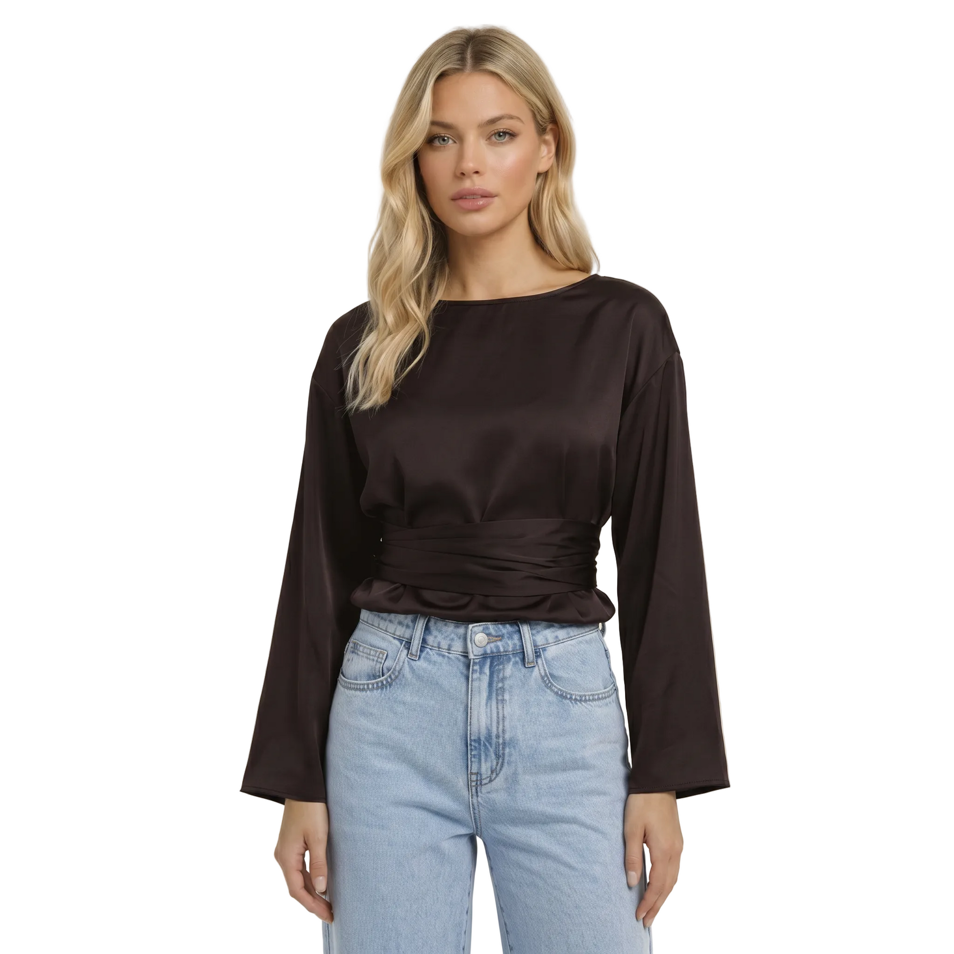 Damska bluzka z długim rękawem, dekoltem w łódkę i wiązaniem w talii-Blouse for women-Olave