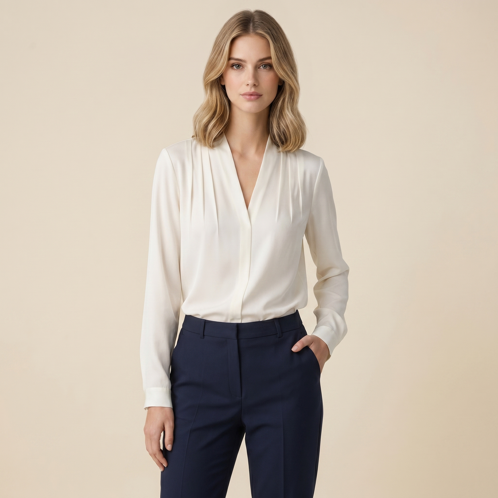 Damska bluzka z długim rękawem, dekoltem w serek i plisowaniem-Blouse for women-Olave