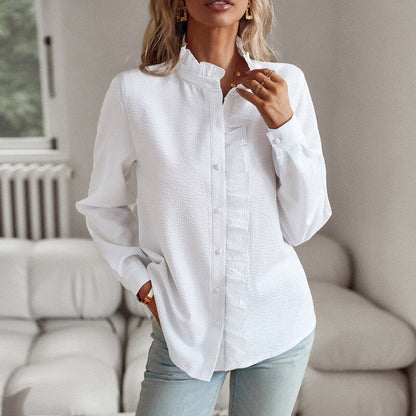 Damska bluzka z długim rękawem, falbaną i zapięciem na guziki-Blouses for Women-Olave