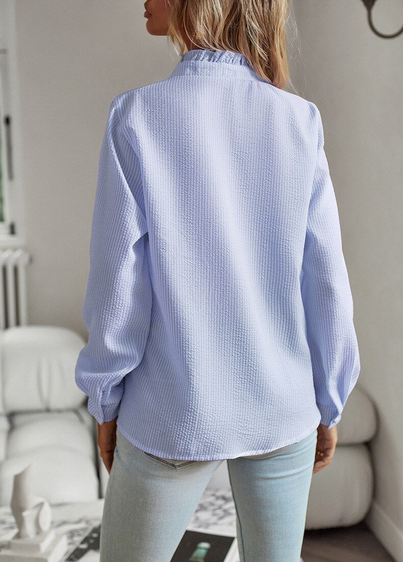 Damska bluzka z długim rękawem, falbaną i zapięciem na guziki-Blouses for Women-Olave