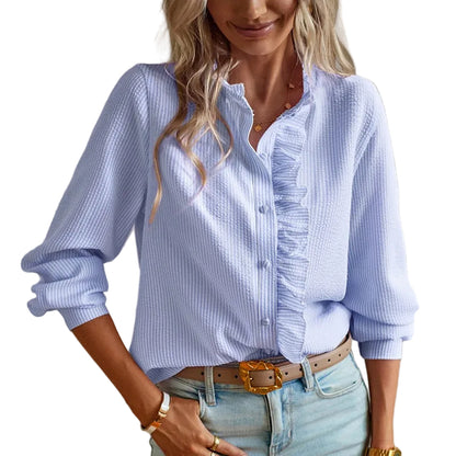 Damska bluzka z długim rękawem, falbaną i zapięciem na guziki-Blouses for Women-Olave