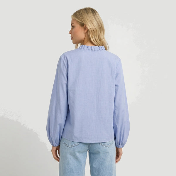 Damska bluzka z długim rękawem i ozdobną falbanką-Blouse for women-Olave