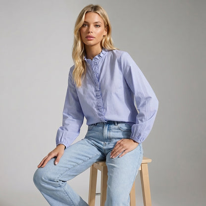 Damska bluzka z długim rękawem i ozdobną falbanką-Blouse for women-Olave