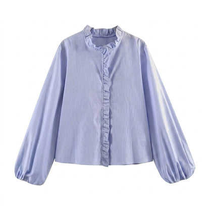 Damska bluzka z długim rękawem i ozdobną falbanką-Blouse for women-Olave