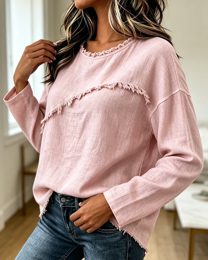 Damska bluzka z długim rękawem i postrzępionym wykończeniem-Blouses for women-Olave