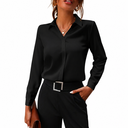 Damska bluzka z długim rękawem, kołnierzem i ukrytą listwą guzikową-Shirts for women-Olave