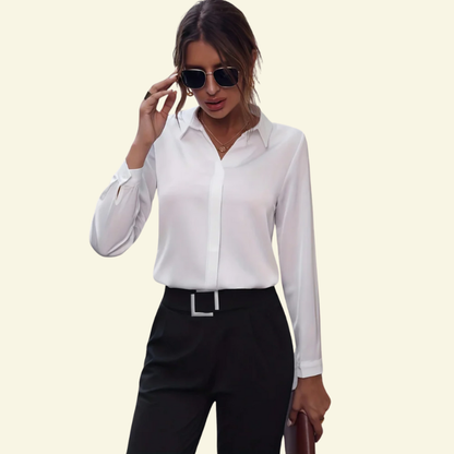 Damska bluzka z długim rękawem, kołnierzem i ukrytą listwą guzikową-Shirts for women-Olave