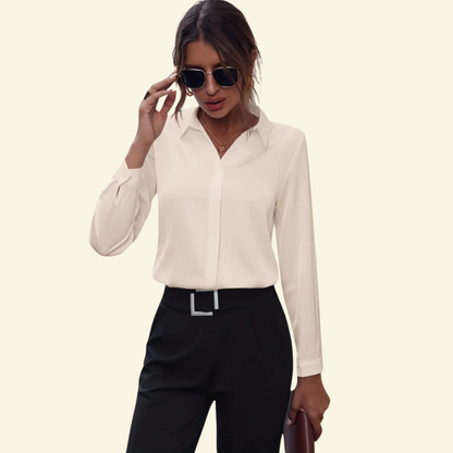 Damska bluzka z długim rękawem, kołnierzem i ukrytą listwą guzikową-Shirts for women-Olave