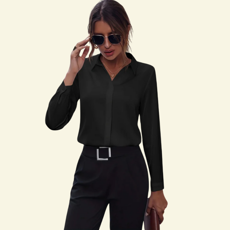 Damska bluzka z długim rękawem, kołnierzem i ukrytą listwą guzikową-Shirts for women-Olave