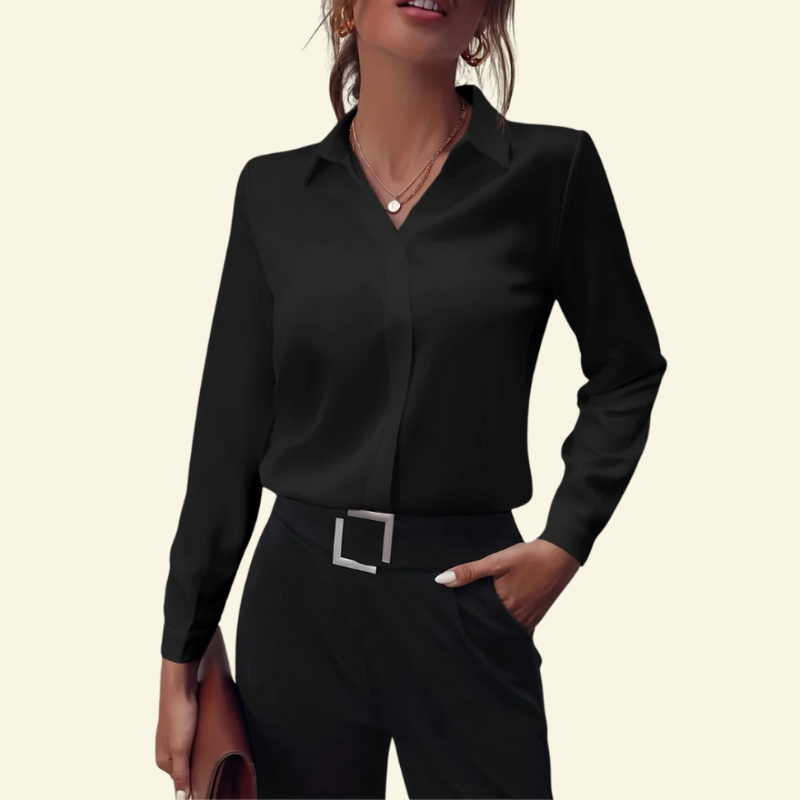 Damska bluzka z długim rękawem, kołnierzem i ukrytą listwą guzikową-Shirts for women-Olave