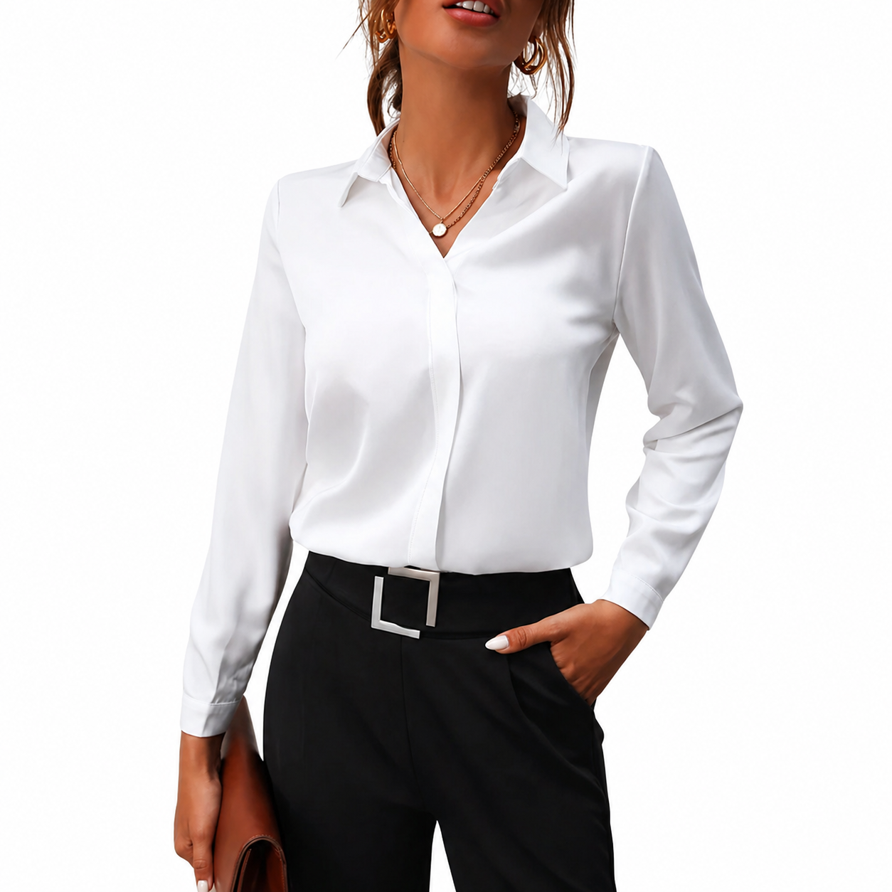 Damska bluzka z długim rękawem, kołnierzem i ukrytą listwą guzikową-Shirts for women-Olave