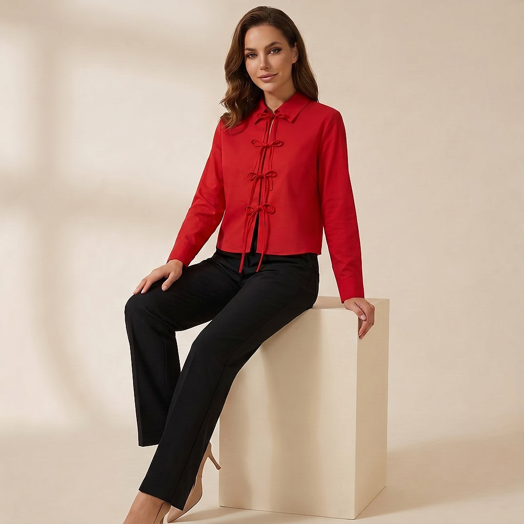 Damska bluzka z długim rękawem, kołnierzykiem i wiązaniami na kokardy-Blouse for women-Olave