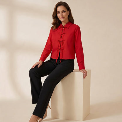 Damska bluzka z długim rękawem, kołnierzykiem i wiązaniami na kokardy-Blouse for women-Olave