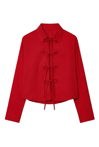 Damska bluzka z długim rękawem, kołnierzykiem i wiązaniami na kokardy-Blouse for women-Olave