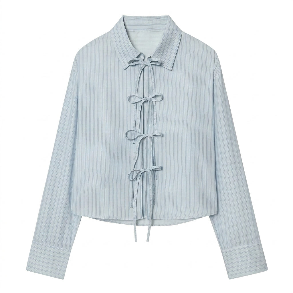 Damska bluzka z długim rękawem, kołnierzykiem i wiązaniami na kokardy-Blouse for women-Olave