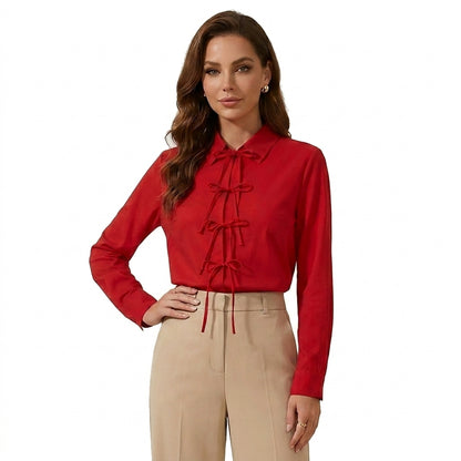 Damska bluzka z długim rękawem, kołnierzykiem i wiązaniami na kokardy-Blouse for women-Olave