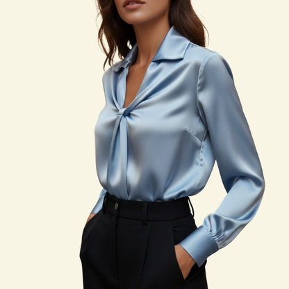 Damska bluzka z długim rękawem z kołnierzem i drapowanym przodem-Blouses for Women-Olave