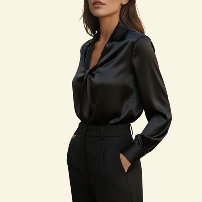 Damska bluzka z długim rękawem z kołnierzem i drapowanym przodem-Blouses for Women-Olave