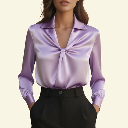 Damska bluzka z długim rękawem z kołnierzem i drapowanym przodem-Blouses for Women-Olave