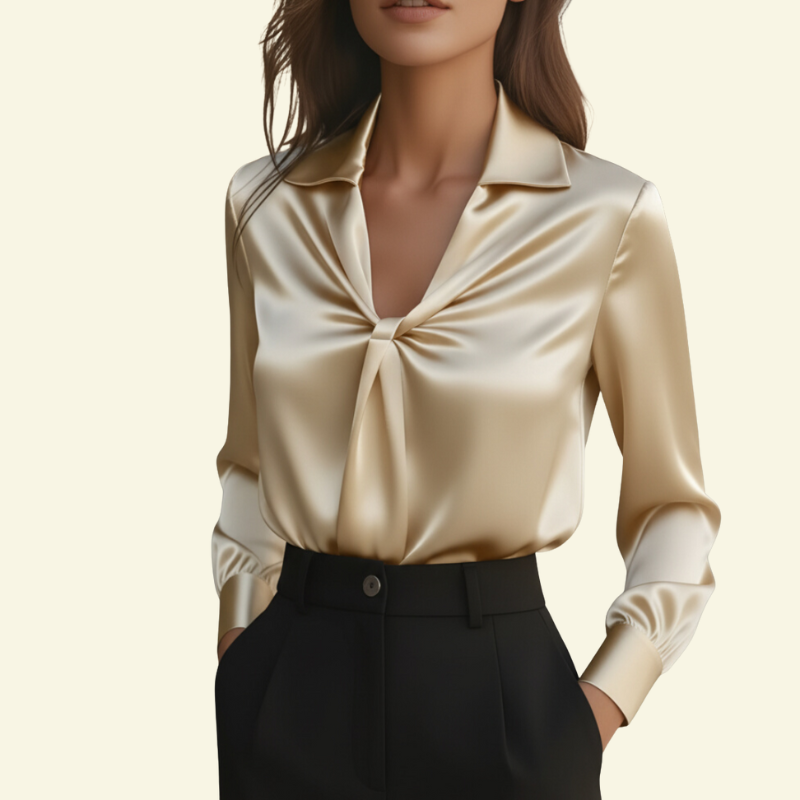 Damska bluzka z długim rękawem z kołnierzem i drapowanym przodem-Blouses for Women-Olave