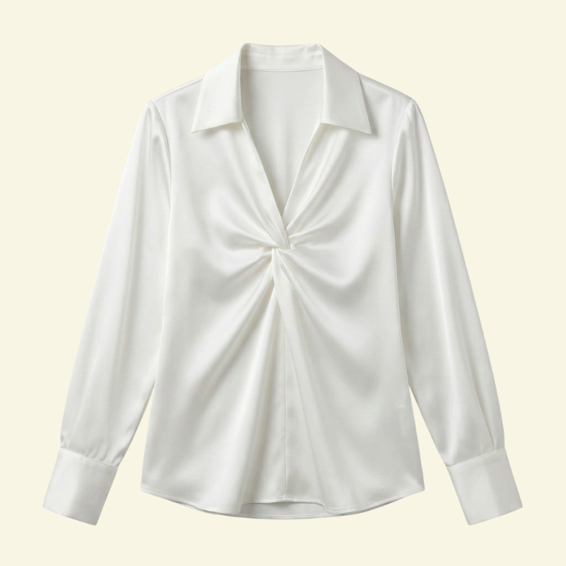 Damska bluzka z długim rękawem z kołnierzem i drapowanym przodem-Blouses for Women-Olave