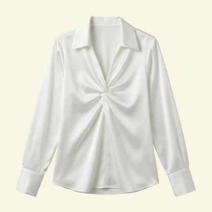 Damska bluzka z długim rękawem z kołnierzem i drapowanym przodem-Blouses for Women-Olave