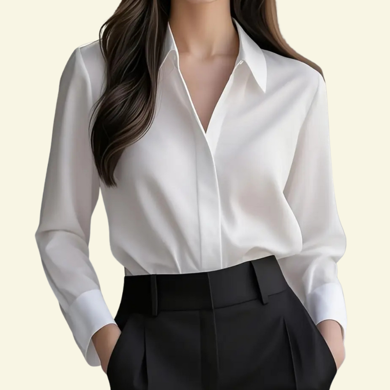 Damska bluzka z długim rękawem z kołnierzem i ukrytą listwą guzikową-Blouses for Women-Olave