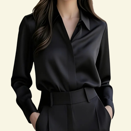 Damska bluzka z długim rękawem z kołnierzem i ukrytą listwą guzikową-Blouses for Women-Olave