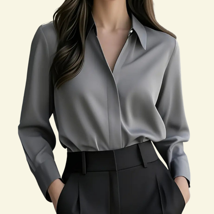 Damska bluzka z długim rękawem z kołnierzem i ukrytą listwą guzikową-Blouses for Women-Olave
