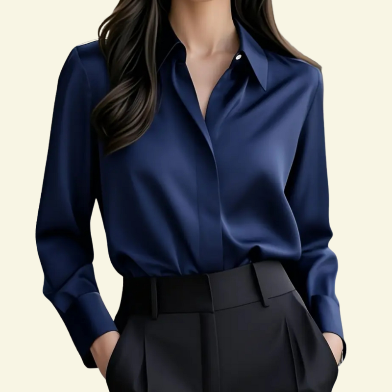 Damska bluzka z długim rękawem z kołnierzem i ukrytą listwą guzikową-Blouses for Women-Olave