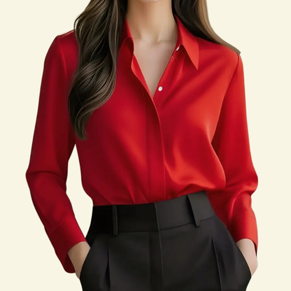 Damska bluzka z długim rękawem z kołnierzem i ukrytą listwą guzikową-Blouses for Women-Olave