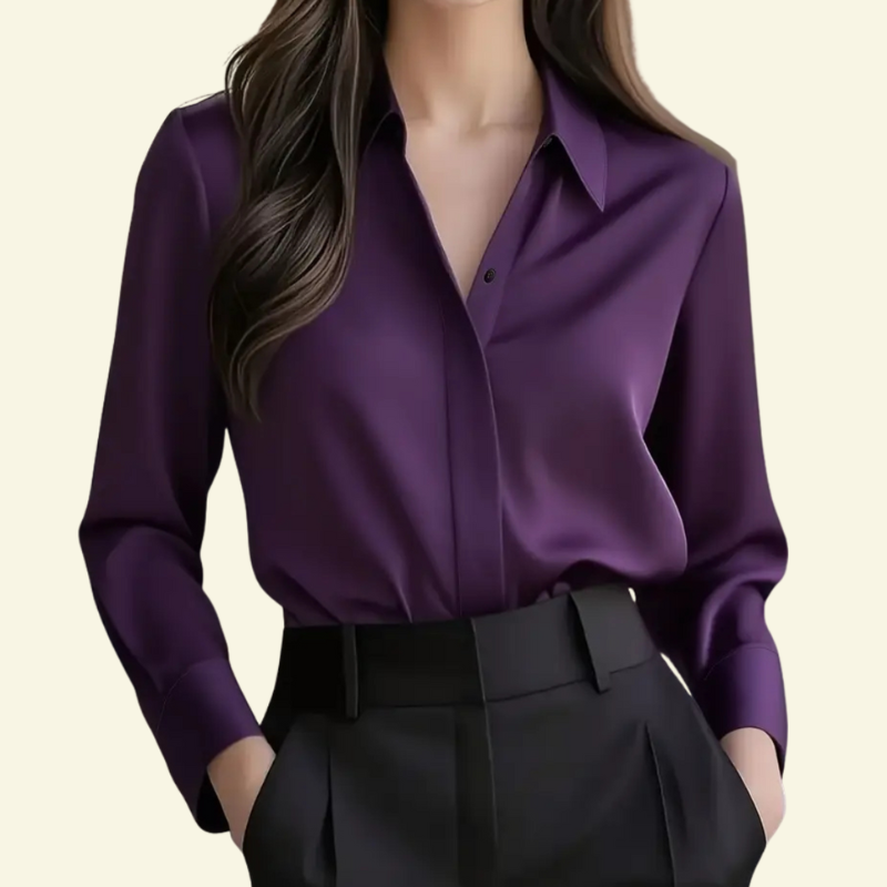 Damska bluzka z długim rękawem z kołnierzem i ukrytą listwą guzikową-Blouses for Women-Olave
