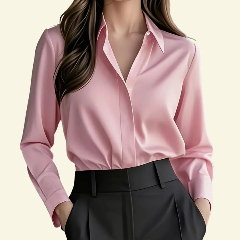 Damska bluzka z długim rękawem z kołnierzem i ukrytą listwą guzikową-Blouses for Women-Olave